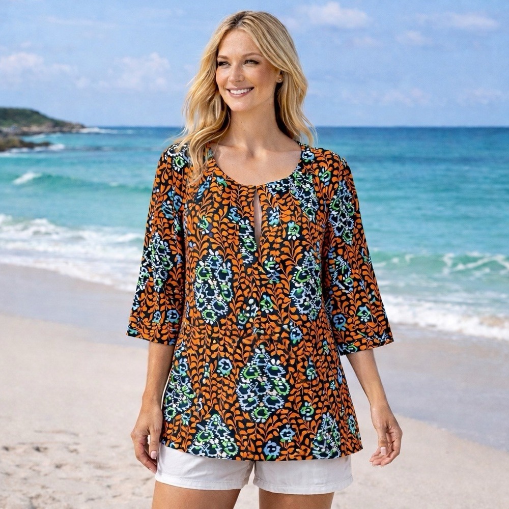Tory‎ Burch 100% Linen Multicolor Geometric Floral Tunic Blouse Resort Coastal 4